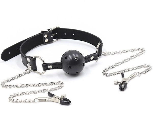 OHMAMA FETISH BREATHERABLE BALL GAG WITH NIPPLE CLAMPS é um brinquedo sexual da gama Fetiche e Bondage relacionada com BDSM e Acessórios.