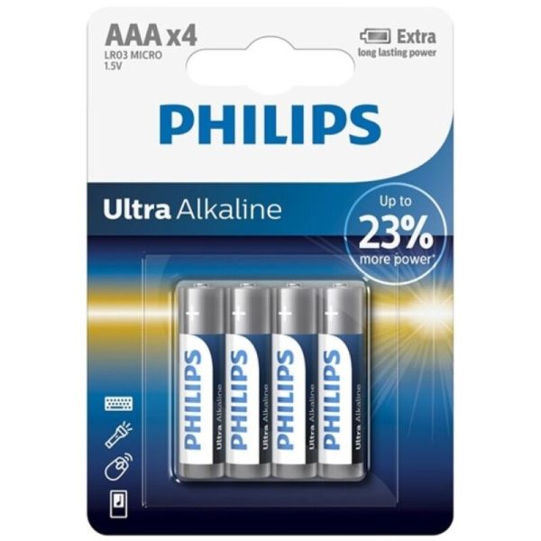 PHILIPS ULTRA ALKALINE BATTERY AAA LR03 4 UNIT é um artigo que pertence à gama de baterias, para que nunca lhe falte a pilha.