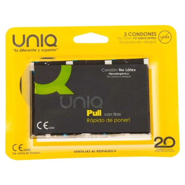 UNIQ PULL LATEX FREE CONDOMS WITH STRIPS 3 UNITS são preservtivos especiais, para maior segurança e sensibilidade. Super saborosos.