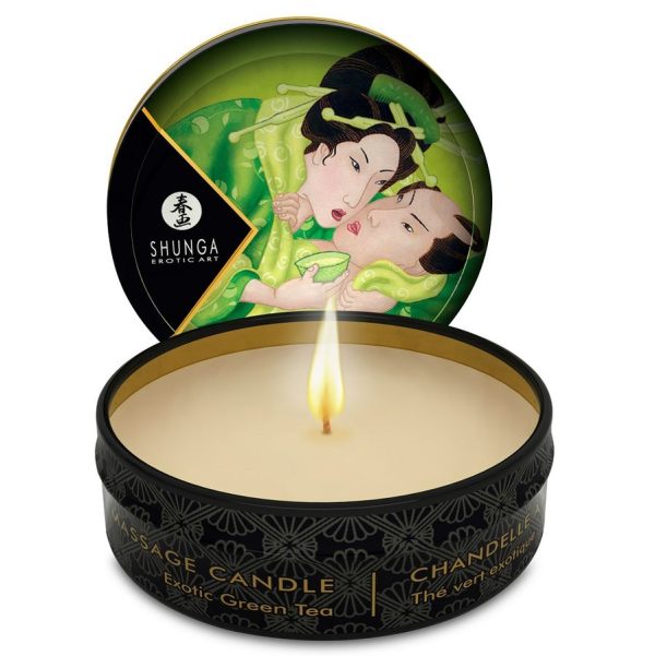 MINI CARESS BY CANDLELIGHT MASSAGE CANDLE  EXOTIC GREEN TEA pertence á gama de velas afrodisíacas, para um ambeinte especial e relaxante.