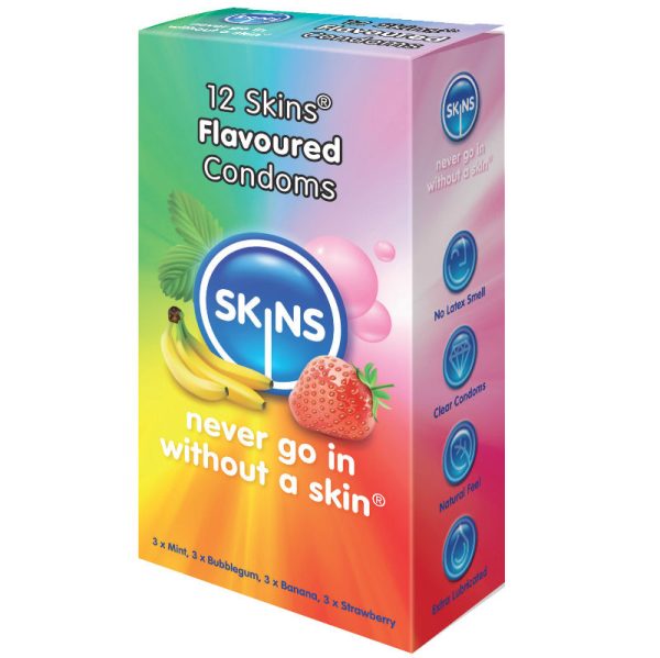 SKINS CONDOM FLAVOURS 12 PACK são preservtivos com aromas, para maior segurança e sensibilidade. Super saborosos.