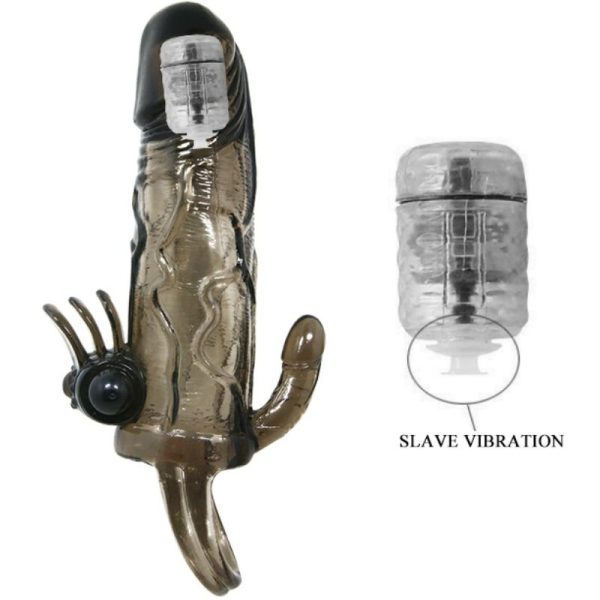 BRAVE MAN PENIS COVER WITH CLIT AND ANAL STIMULATION DOUBLE BULLET BLACK 16.5 CM é um brinquedo sexual da gama dos Masturbadores para mulheres, confortável e potente.