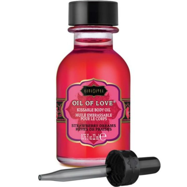 KAMASUTRA KISSABLE OIL OF LOVE FOREPLAYS STRAWBERRY DREAMS 22 ML é um Óleo, Lubrificante e Creme para um tempo erótico.