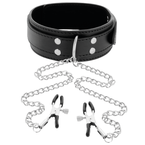 DARKNESS  COLLAR WITH NIPPLE CLAMPS BLACK é um brinquedo sexual da gama Fetiche e Bondage relacionada com BDSM e Acessórios.