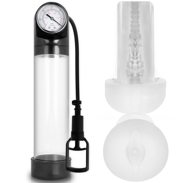 PUMP ADDICTED RX9 TRANSPARENT WITH MASTURBATOR é uma Bomba de aumento do pénis, tanto em comprimento e diâmetro, eficaz e confortável.