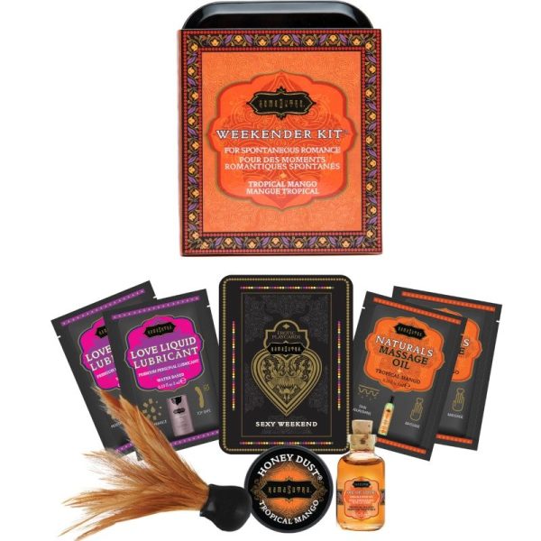 KAMASUTRA WEEKENDER TIN KIT TROPICAL MANGO é um Óleo, Lubrificante e Creme para massagem.